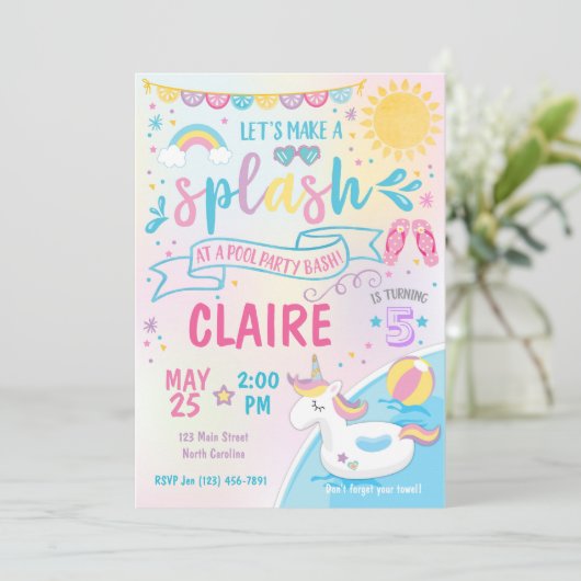 Unicorn Pool Party Invitation, Pool Bash Birthday Kaart (Staand voorkant)