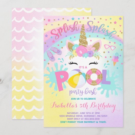 Unicorn Pool Party Invitation Pool Birthday Party Kaart (Voorkant / Achterkant)