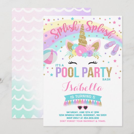 Unicorn Pool Party Invitation Pool Birthday Party Kaart (Voorkant / Achterkant)