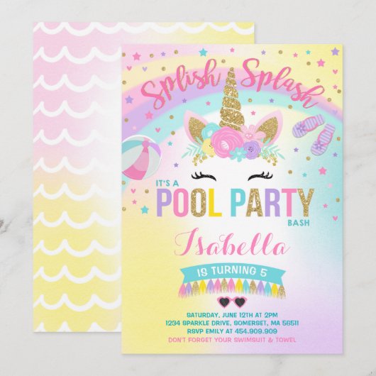 Unicorn Pool Party Invitation Pool Birthday Party Kaart (Voorkant / Achterkant)