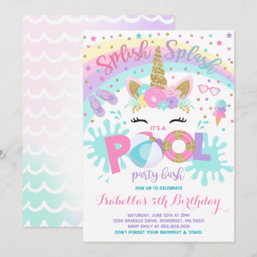 Unicorn Pool Party Invitation Pool Birthday Party Kaart (Voorkant / Achterkant)