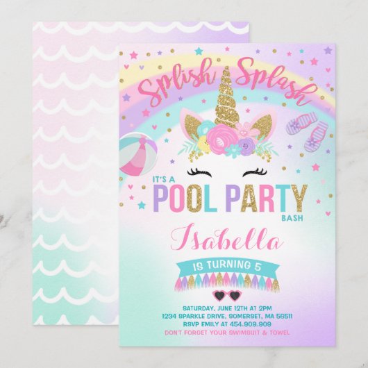 Unicorn Pool Party Invitation Pool Birthday Party Kaart (Voorkant / Achterkant)
