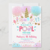 Unicorn Pool Party Pink Gold Birthday Uitnodiging (Voorkant)