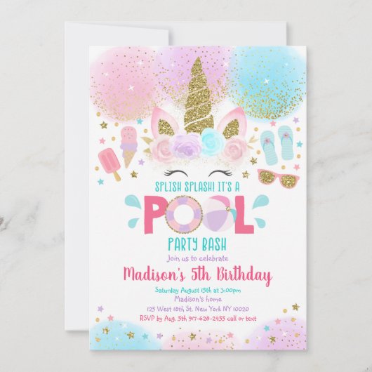 Unicorn Pool Party Pink Gold Birthday Uitnodiging (Voorkant)