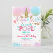 Unicorn Pool Party Pink Gold Birthday Uitnodiging (Staand voorkant)