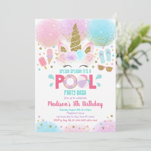 Unicorn Pool Party Pink Gold Birthday Uitnodiging (Staand voorkant)