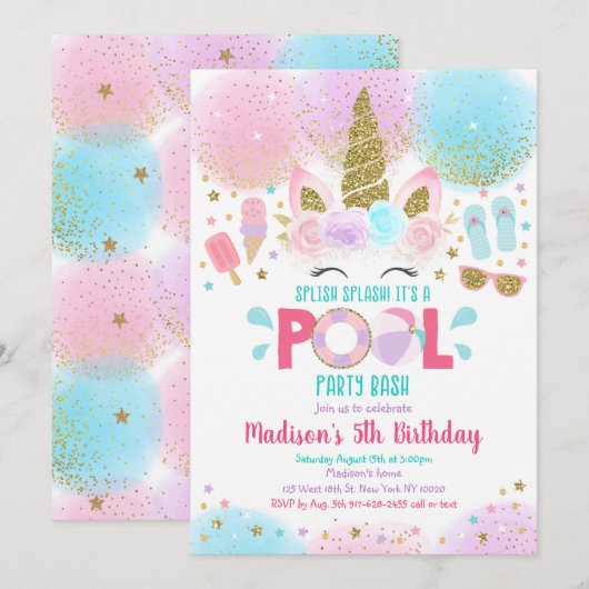 Unicorn Pool Party Pink Gold Birthday Uitnodiging (Voorkant / Achterkant)