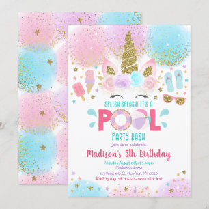 Unicorn Pool Party Pink Gold Birthday Uitnodiging