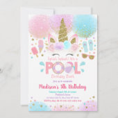 Unicorn Pool Party Pink Gold Birthday Uitnodiging (Voorkant)