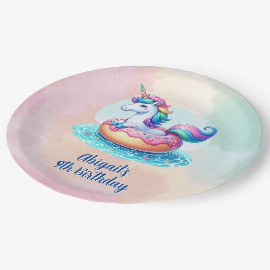 Unicorn Pool Party Verjaardag Papieren Bordje (Gekanteld)