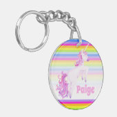 Unicorn prance roze regenboogstrepen, aangepaste n sleutelhanger (Voorkant Links)
