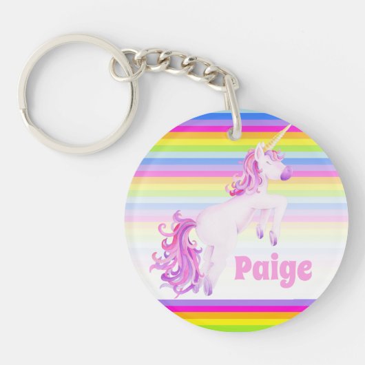 Unicorn prance roze regenboogstrepen, aangepaste n sleutelhanger (Voorkant)