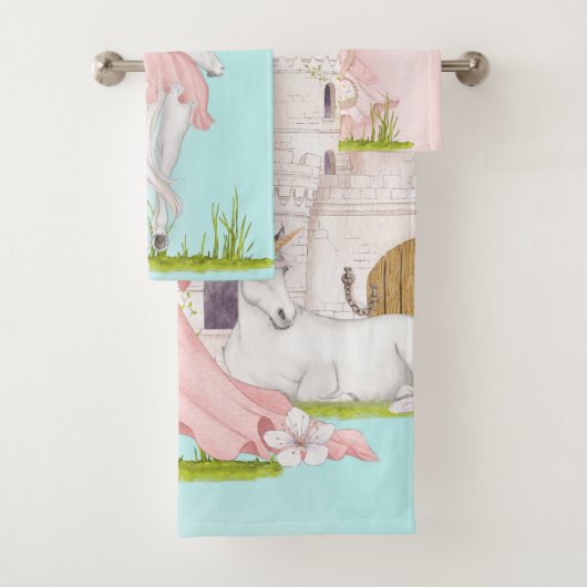 Unicorn Princess Castle Pink Blue Bad Handdoek (Insitu)
