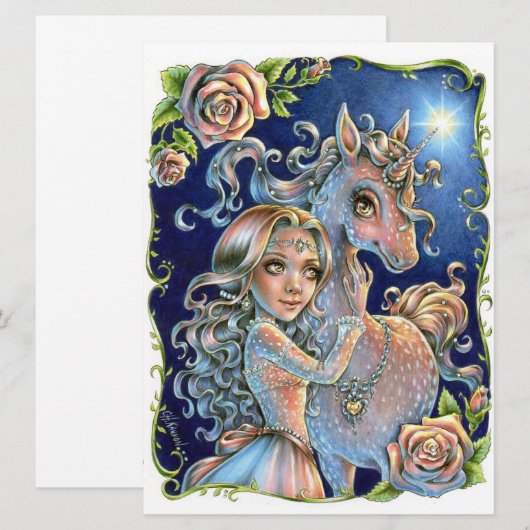 Unicorn Princess Fairytale Roos Art Kaart (Voorkant / Achterkant)
