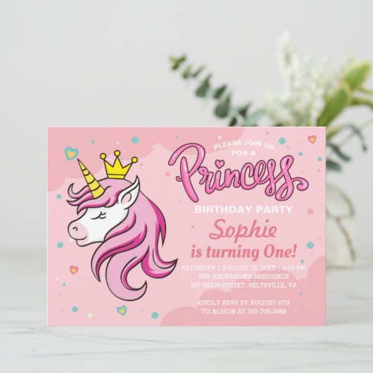 Unicorn Princess Girl Kinder Baby Birthday Party Kaart (Staand voorkant)