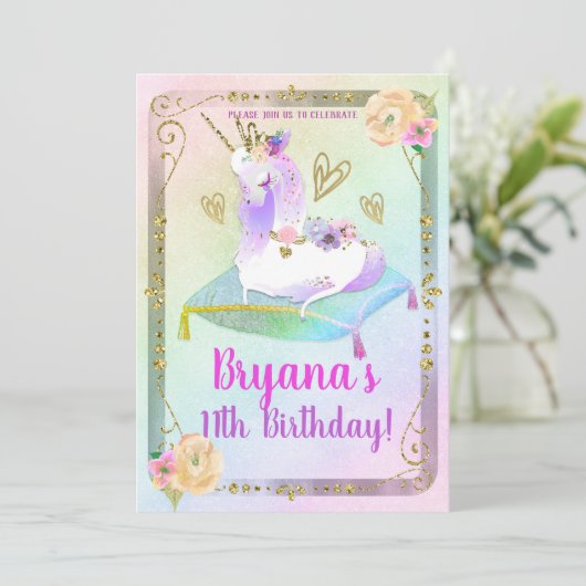 Unicorn Princess Iridescent Rainbow Pastel Party Kaart (Staand voorkant)