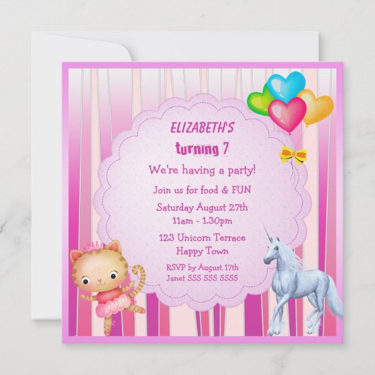 Unicorn, Princess Kat & Balloons Party Invites Kaart (Voorkant)