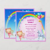 Unicorn, Princess Kat & Rainbow Party Invites Kaart (Voorkant / Achterkant)