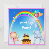 Unicorn, Princess Kat & Rainbow Party Invites Kaart (Achterkant)