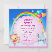 Unicorn, Princess Kat & Rainbow Party Invites Kaart (Voorkant)