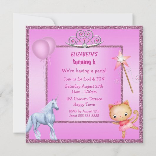 Unicorn, Princess Kat, Tiara & Glitter Invites Kaart (Voorkant)