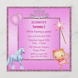 Unicorn, Princess Kat, Tiara & Glitter Invites Kaart