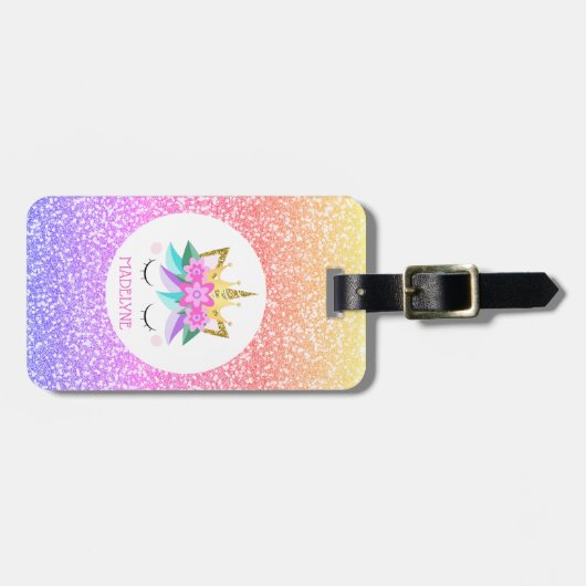 Unicorn Princess Rainbow Glitter Persoonlijke naam Bagagelabel (Voorkant horizontaal)