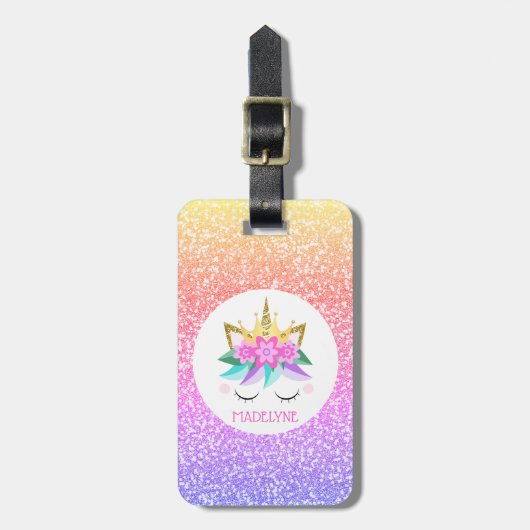 Unicorn Princess Rainbow Glitter Persoonlijke naam Bagagelabel (Voorkant verticaal)