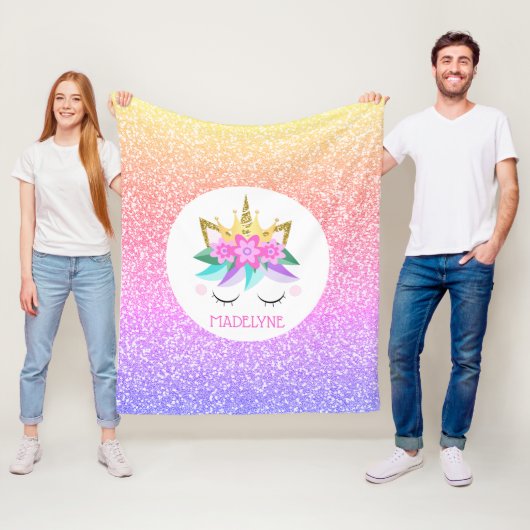 Unicorn Princess Rainbow Glitter Persoonlijke naam Fleece Deken (In situ)