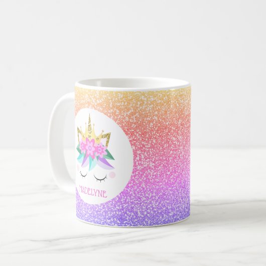 Unicorn Princess Rainbow Glitter Persoonlijke naam Koffiemok (Voorkant links)