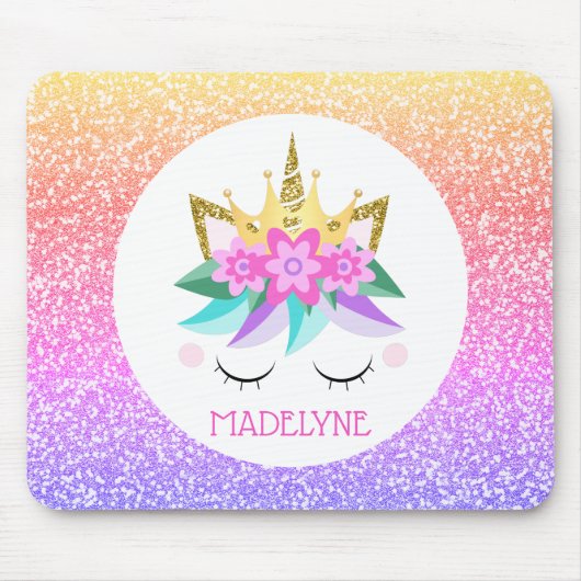 Unicorn Princess Rainbow Glitter Persoonlijke naam Muismat (Voorkant)