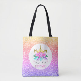 Unicorn Princess Rainbow Glitter Persoonlijke naam Tote Bag
