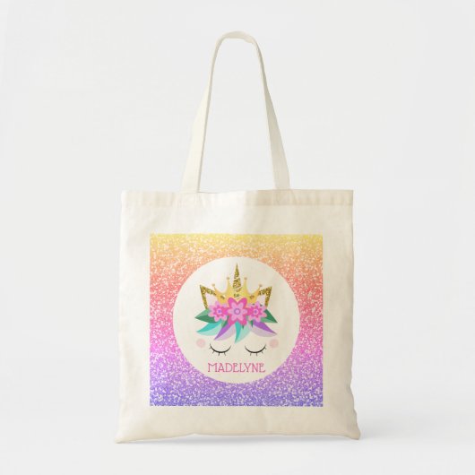 Unicorn Princess Rainbow Glitter Persoonlijke naam Tote Bag (Voorkant)