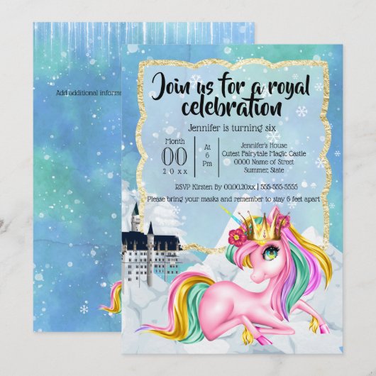 Unicorn prinses wintersprookkasteel kaart (Voorkant / Achterkant)