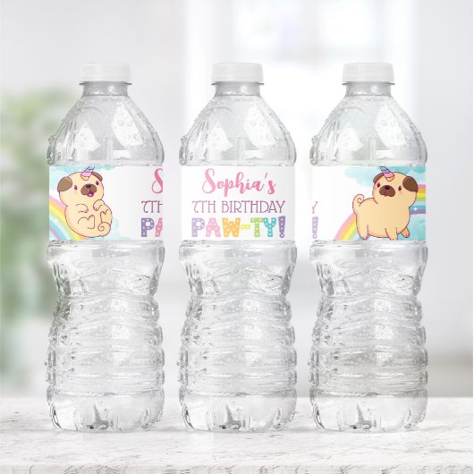 Unicorn Pug Water Fles Labels, Pug Birthday Waterfles Etiket