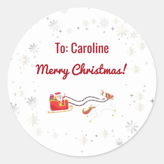 Unicorn Pulling Santa's Slape naam Merry Xmas Ronde Sticker (Voorkant)