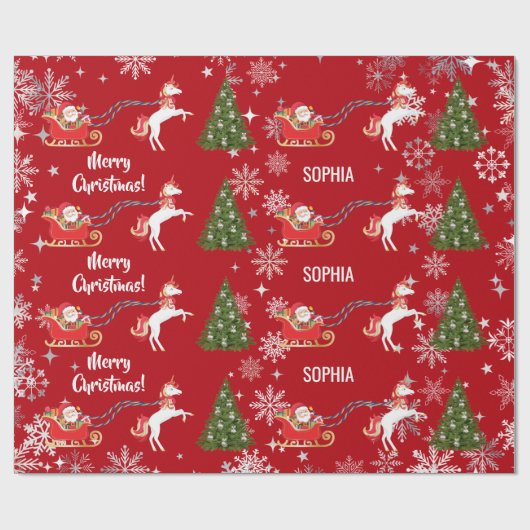 Unicorn Pulling Santa's Sleigh Snow Personalized  Cadeaupapier (Vlak)