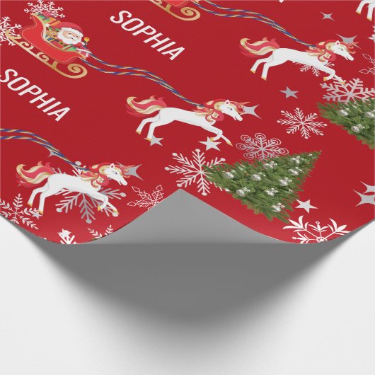 Unicorn Pulling Santa's Sleigh Snow Personalized  Cadeaupapier (Hoek)