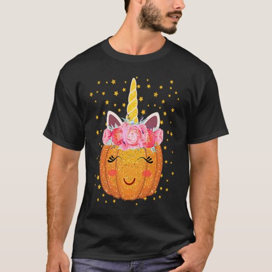 Unicorn Pumpkin Floral Thanksgiving Halloween T-shirt (Voorkant)