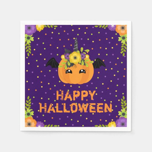 Unicorn Pumpkin Happy Halloween Paars Napkins Servet (Voorkant)