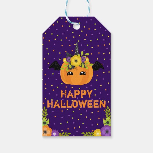 Unicorn Pumpkin Happy Halloween Paarse Gift Labels Cadeaulabel (Voorkant)