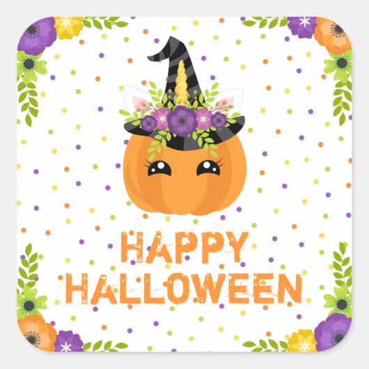 Unicorn Pumpkin Happy Halloween White Square Vierkante Sticker (Voorkant)
