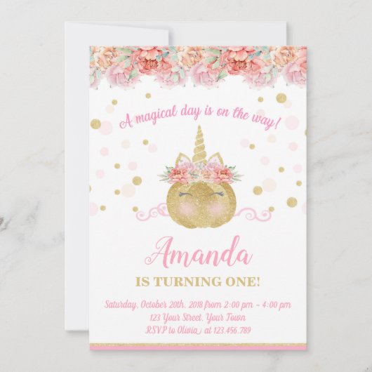 Unicorn Pumpkin Uitnodiging om de verjaardag van d (Voorkant)