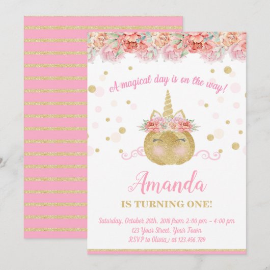 Unicorn Pumpkin Uitnodiging om de verjaardag van d (Voorkant / Achterkant)