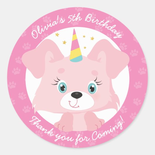 Unicorn Puppy Birthday Ronde Sticker (Voorkant)