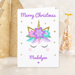 Unicorn Purple Flowers Christmas Personalized Name Feestdagen Kaart