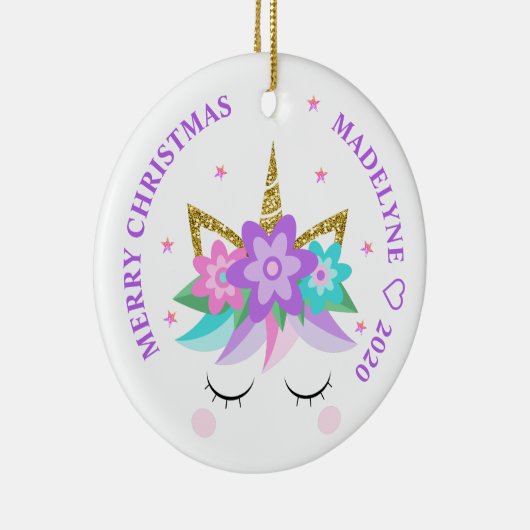 Unicorn Purple Flowers Glitter Persoonlijke naam Keramisch Ornament (Rechts)