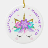 Unicorn Purple Flowers Glitter Persoonlijke naam Keramisch Ornament (Voorkant)