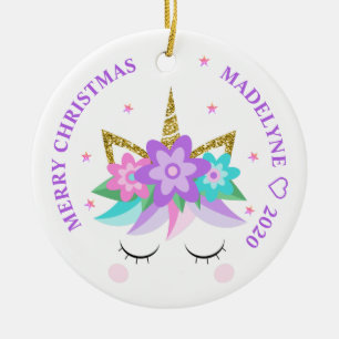 Unicorn Purple Flowers Glitter Persoonlijke naam Keramisch Ornament