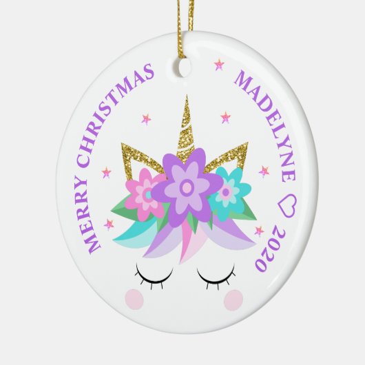 Unicorn Purple Flowers Glitter Persoonlijke naam Keramisch Ornament (Links)